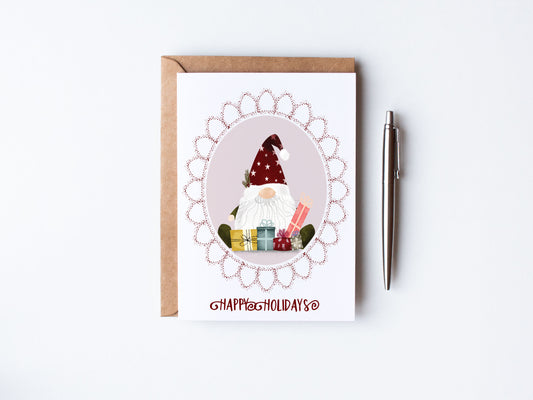 Christmas gnome in a hand drawn frame saying happy holidays