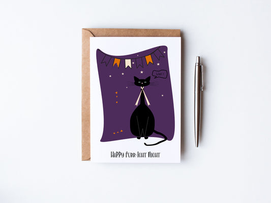 Back cat on purple background  with halloween banner - Happy Fuur-ight night