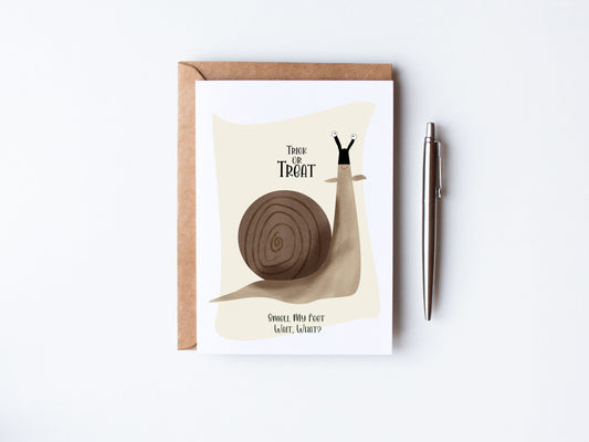 Hand Illustrated Snail saying trick or treat smell my feet - wait, what? Snail wearing a mask