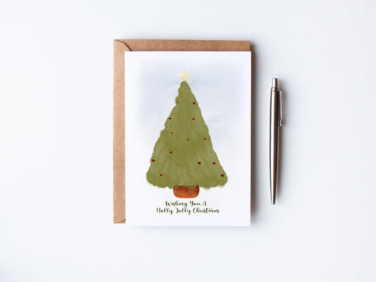 Hand illustrated watercolour Christmas tree - Wishing you a holly jolly christmas