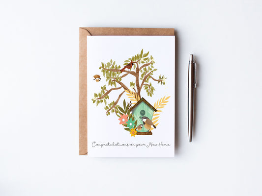 Hand Illustrated Bird house in a tree with mom and baby bird - Congratulations on your New Home