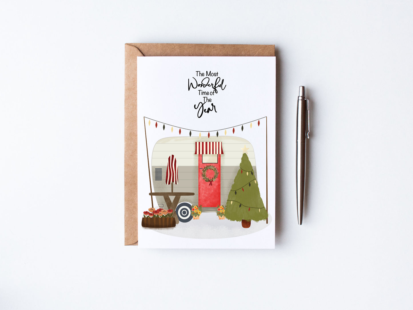 Cute hand illustrated camper van with chritsmas lights and a christmas tree