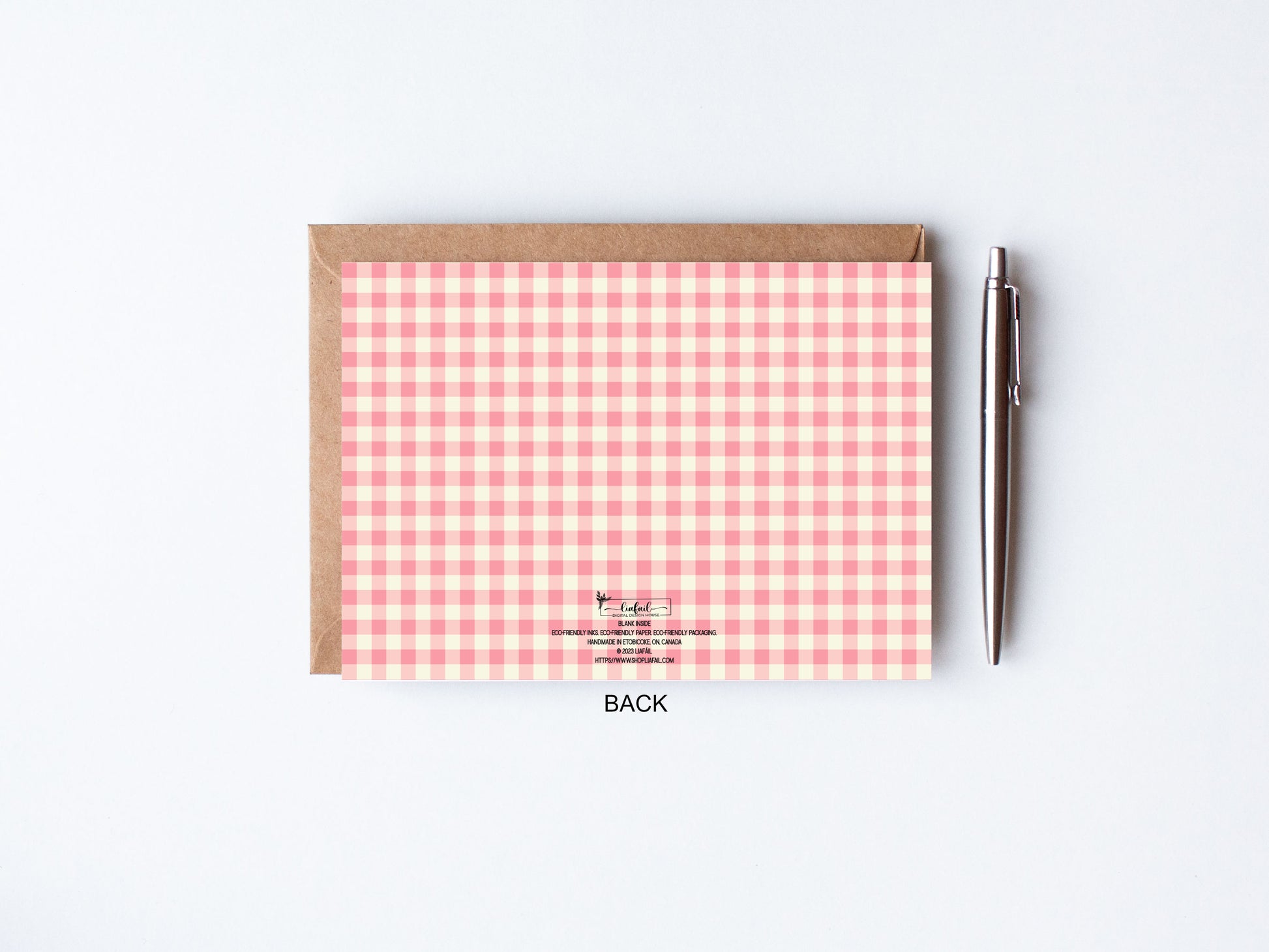 Pink GIngham pattern on Back of Easter Greeting Card