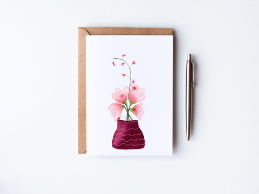 watercolour pink florals in a Burgundy vase