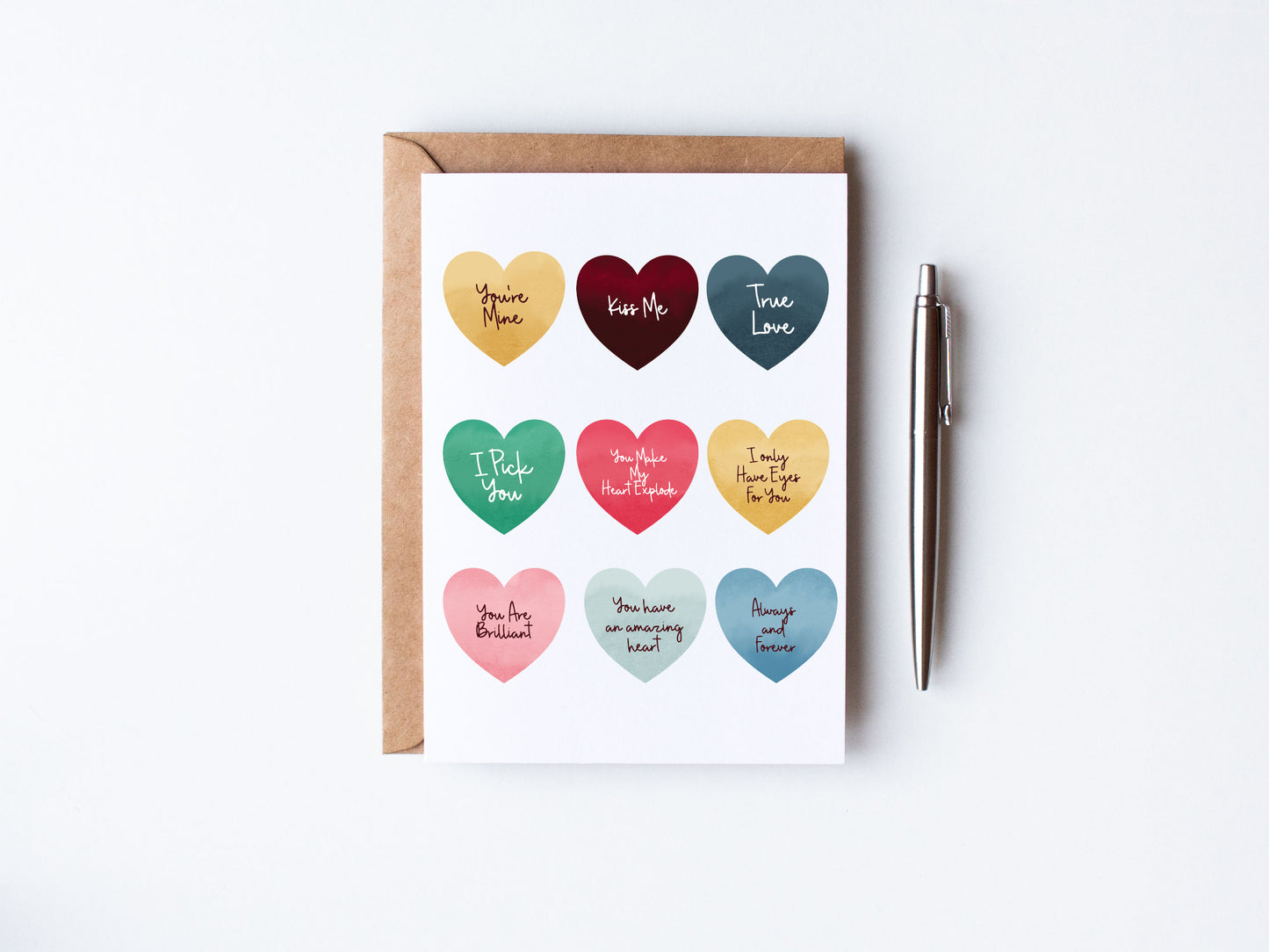 Valentines Day Card with Sentiments expressed in coloured hearts