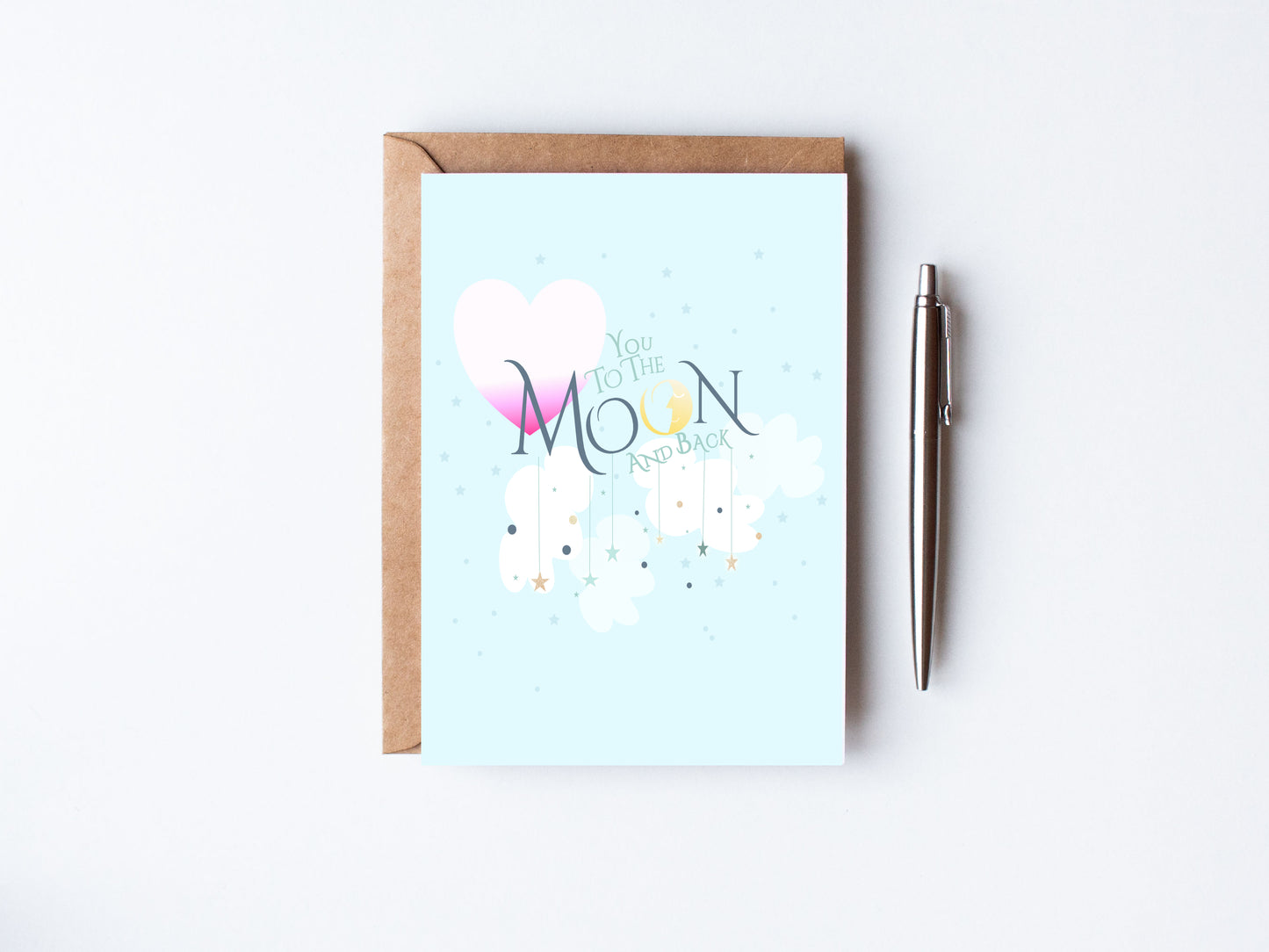 Pastel Blue Card - with Stars and HEart, the Moon - love yo uto the moon and back, polka dots - pastels