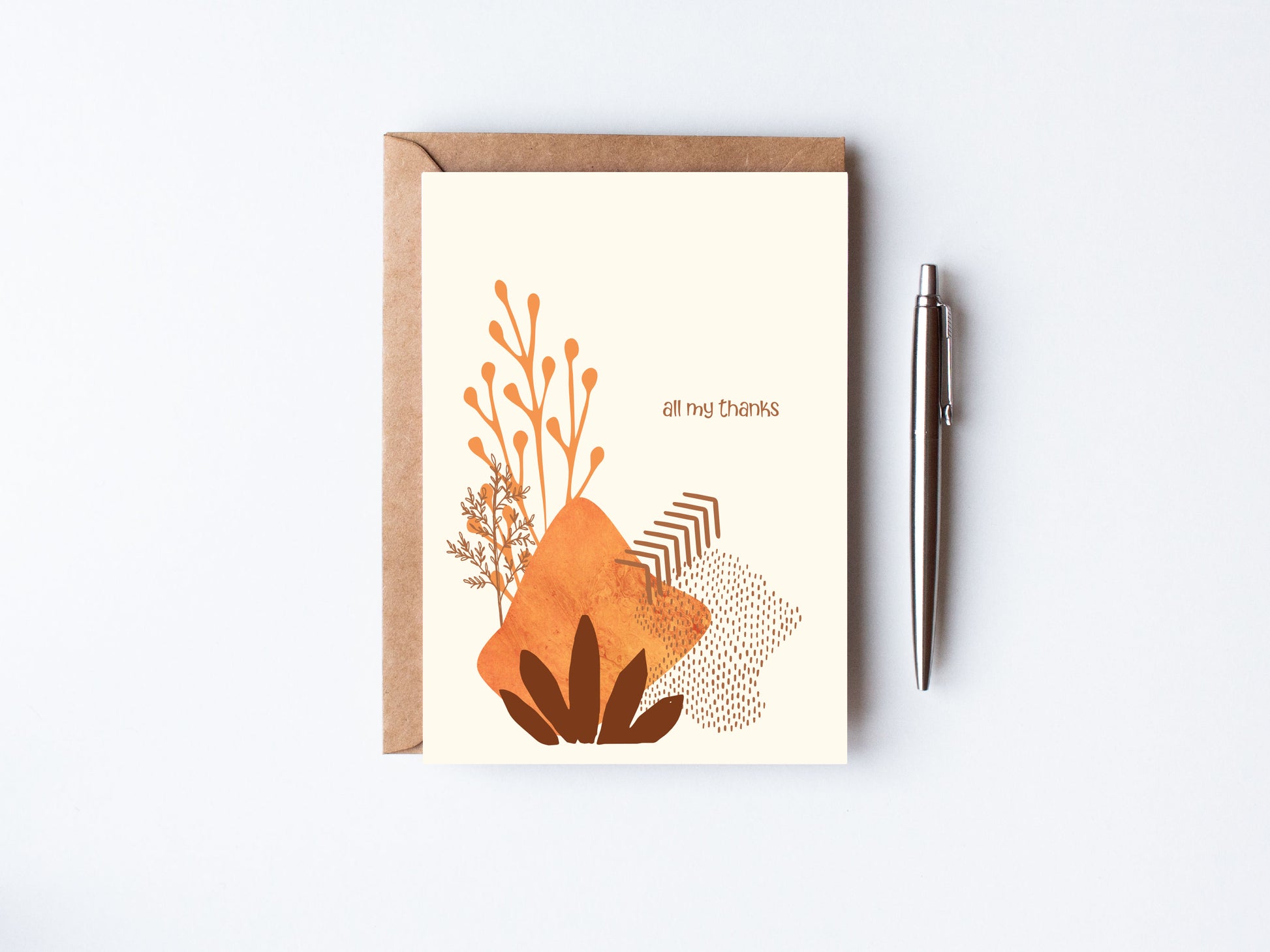 earth tones, greeting card with foliage and geometric patterns, says all my thanks