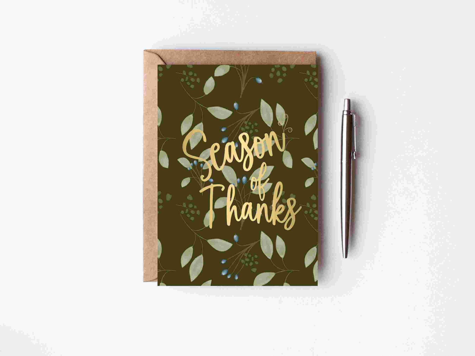 hand drawn florals in forest green with gold foil words - Season of thanks