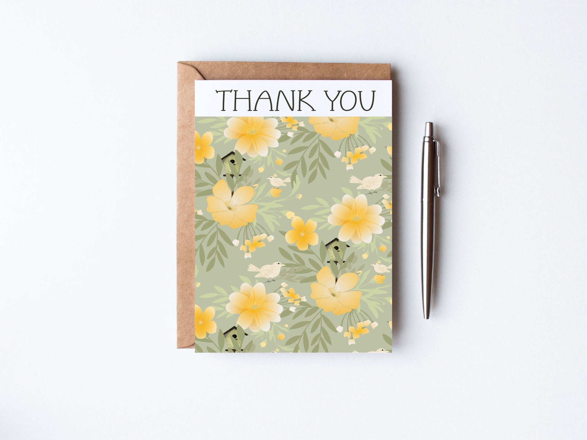 Birdhouse and birds and buttercups in beautiful spring colours - says thank you