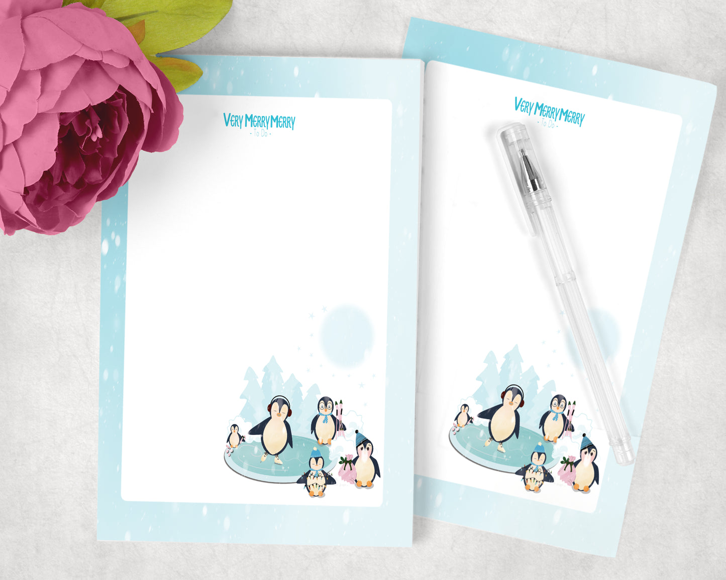 light blue, penguin inspired whimsical notepad