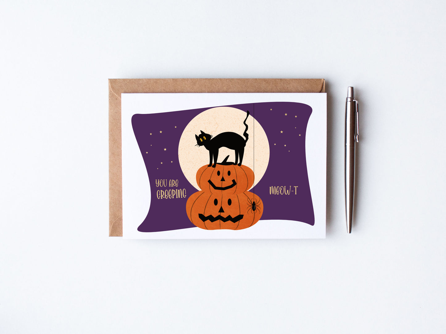 Cat and apumpkin halloween card in gold foil