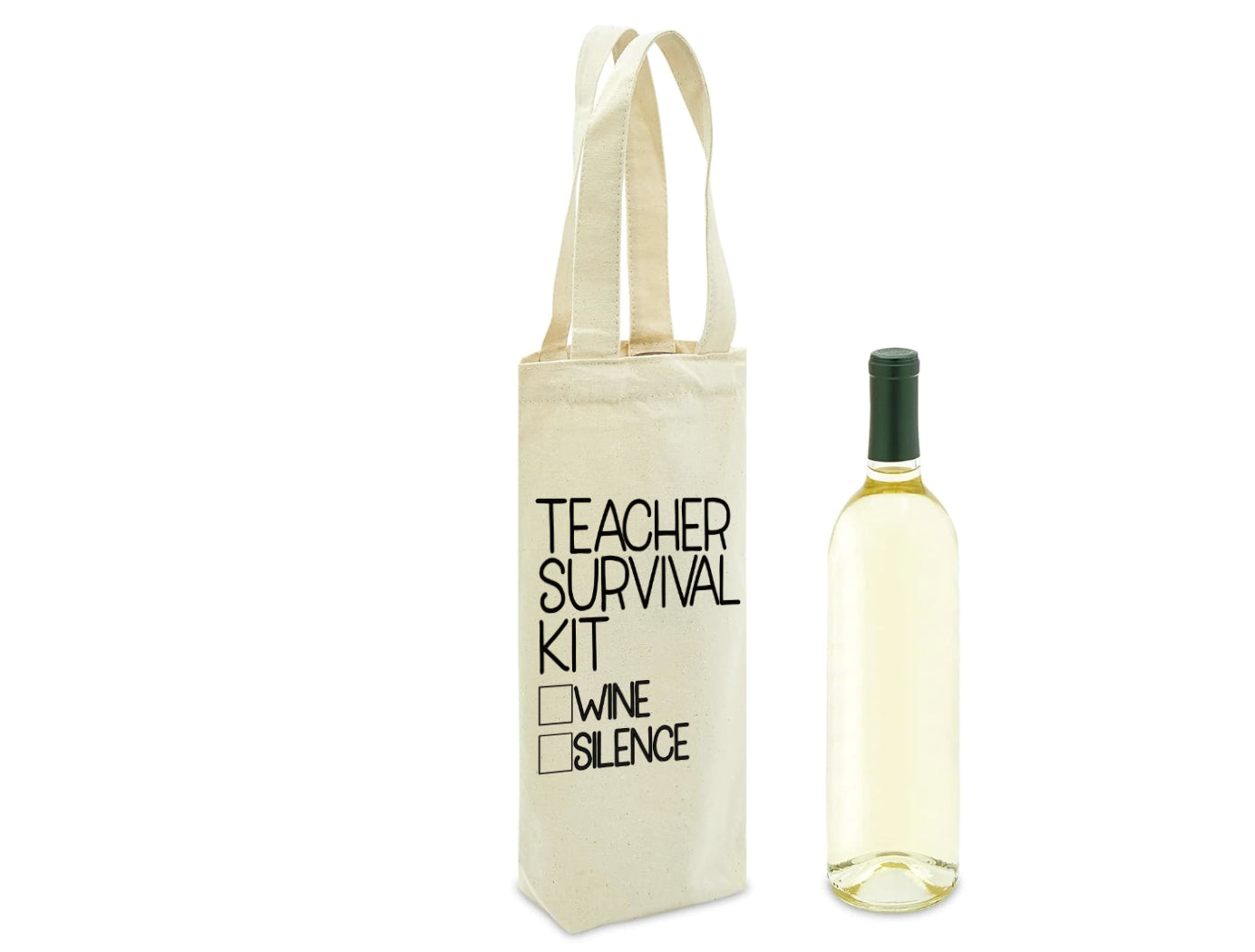 Wine bag says teacher Survival Kit, wine and silence - end of year gift for a teacher